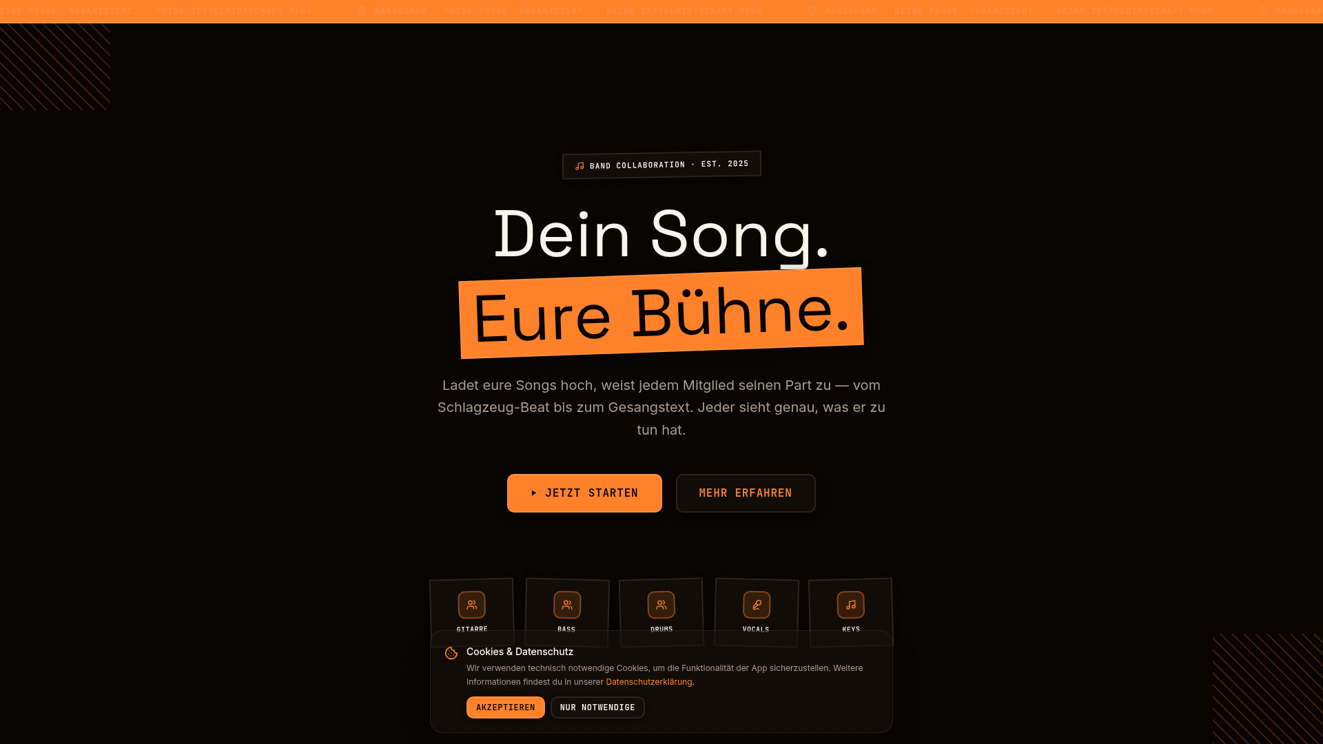 BandBoard — Screenshot der Live-Website