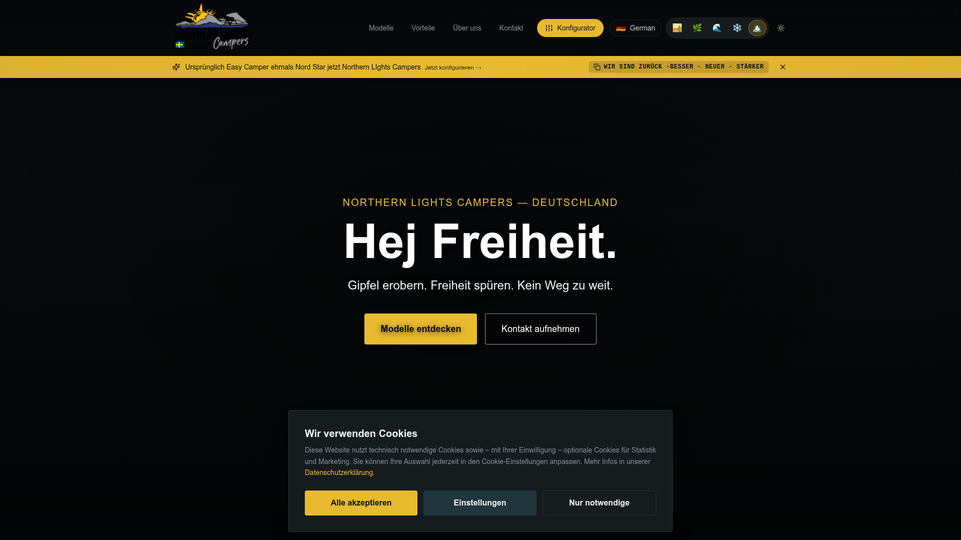 Northern Lights Campers — Screenshot der Live-Website